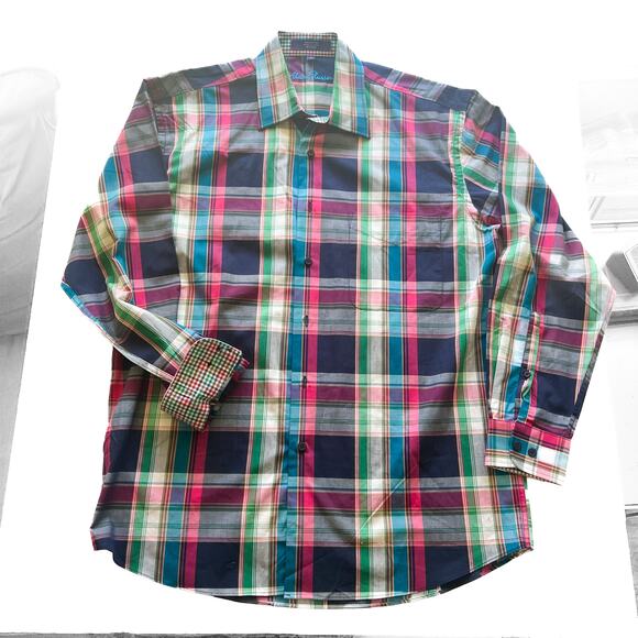 Alan Flusser Mens Medium 100 Cotton Multicolor Plaid 2 Layer Button Down Collar - Picture 1 of 10